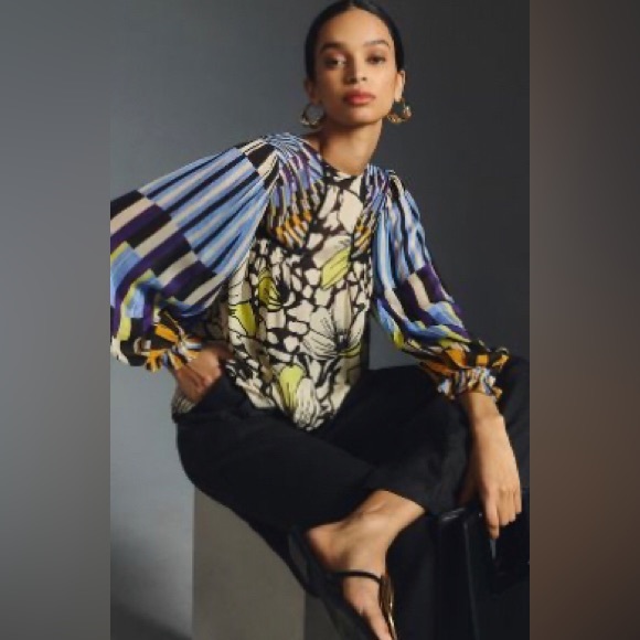 Bl-nk Miranda Peasant Blouse MP Black Motif Anthro - Picture 1 of 15